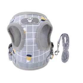 Pet Mesh Harness Dog Leash Set Reflective Chest Strap Adjustable Puppy Vest For Puppies Breeds Dogs Cats Walking Outdoor (Option: LeashGreyCheckeredXL)