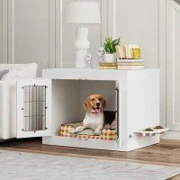 PawHut Dog Crate Furniture With 360 Rotatable Removable Dog Bowls, Dog Kennel Furniture For Medium Dogs, White (Option: White)