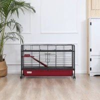 PawHut 41L Small Animal Cage, Pet Play House For Rabbit Hutch Ferret With Feeder, Rolling Wheels, Platform, Ramp (Option: Red and Black)