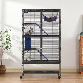 64.6' Metal Small Animal Cage 4-Tier Rolling Ferret Cage With Tray 3 Ramps (Option: Black)