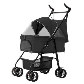 4 Wheels Pet Stroller Foldable Carrier Strolling Cart Travel Jogger Pet Stroller With Removable Liner Storage Basket For Dog Cat (Option: PetStrollerBlack)