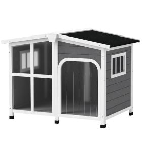 Cabin-Style Wooden Dog House for Large Dogs with Openable Roof & Giant Window, Dark Gray (Option: Dark Gray-910x720x250 mm)
